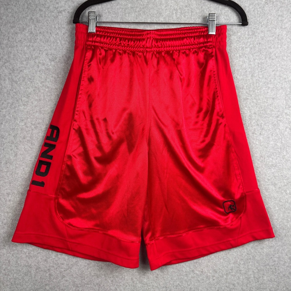 AND1 Shorts Mens Small Red Satin Dazzle Basketball‎ Athletic Drawstring Logo